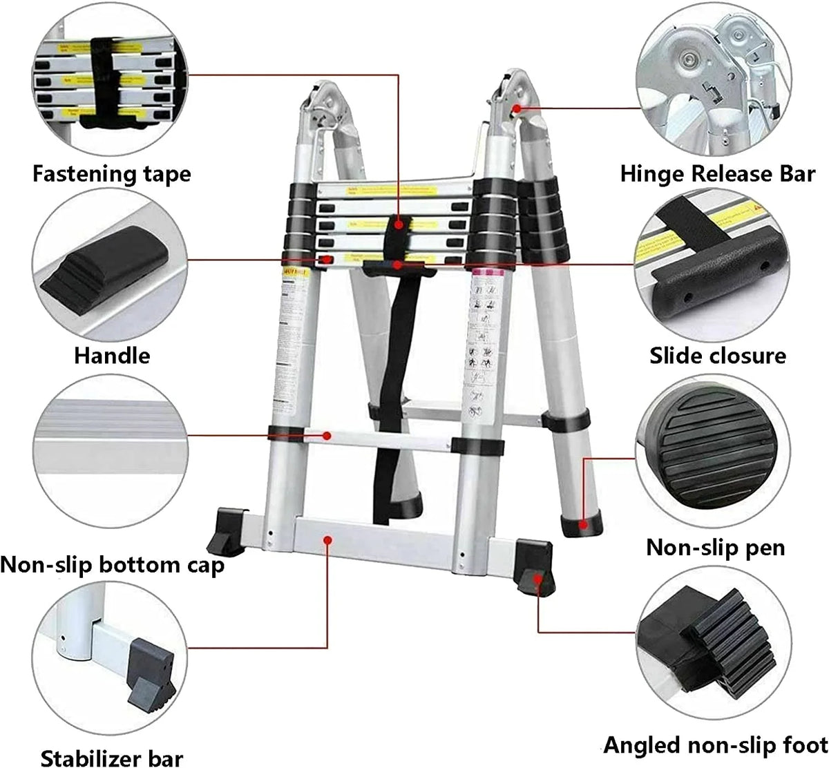 Telescoping Ladder 12.5 FT Aluminum Lightweight Compact Ladder with Stabilizer Bar, 330lb Load Capacity F62583
