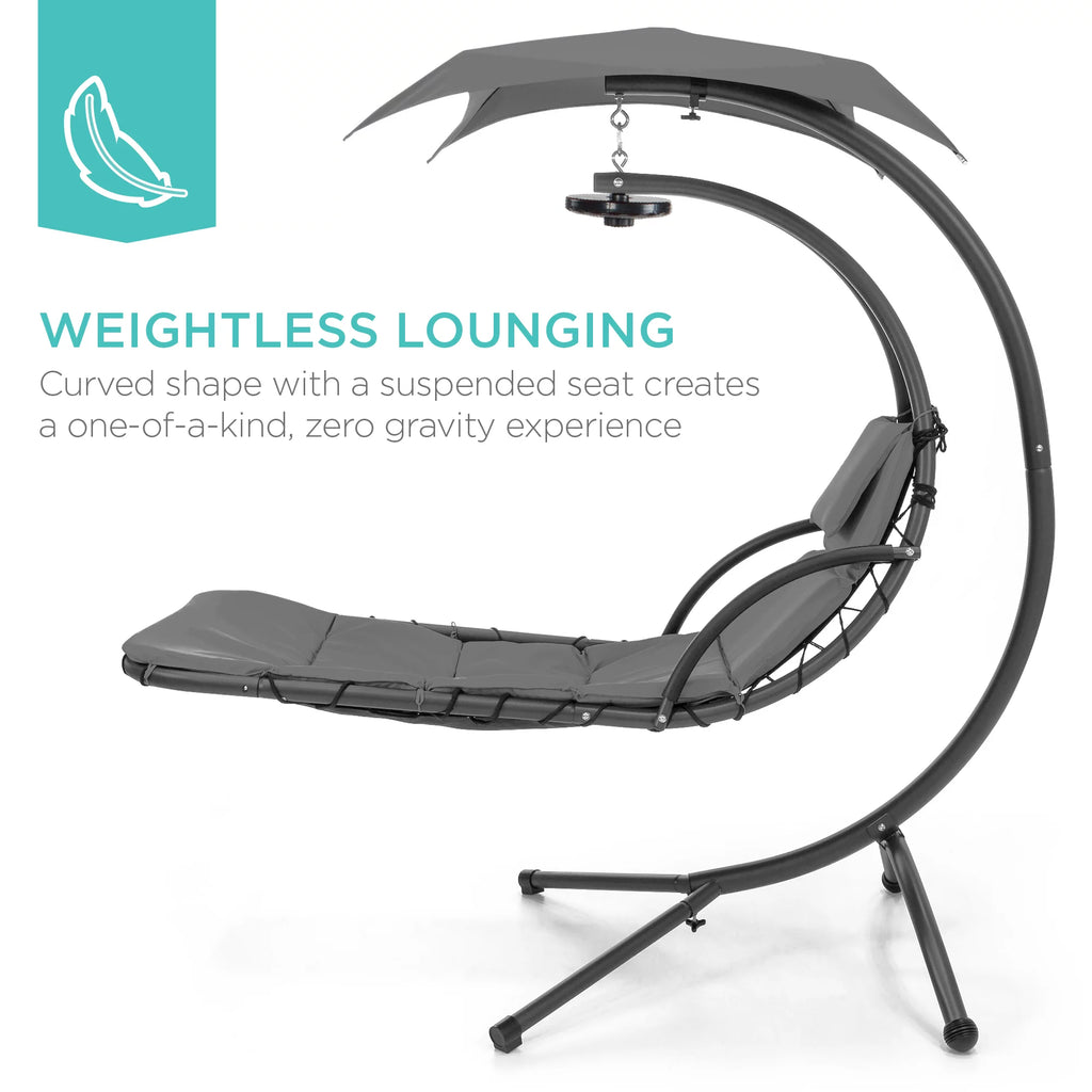 Hanging LED-Lit Curved Chaise Lounge Chair with Pillow, Canopy, Stand - Gray O90326