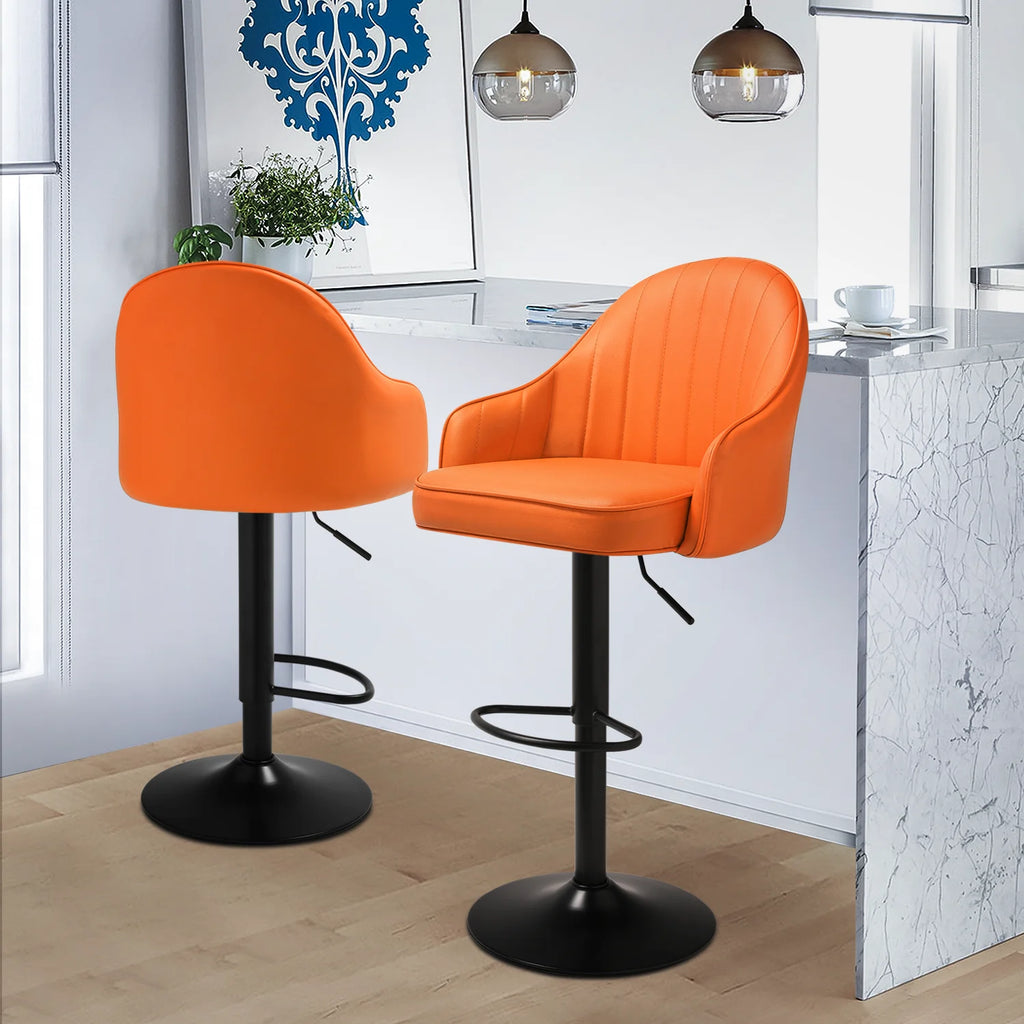 Orange Faux Leather Swivel Bar Stool Set of 2 with Backrest & Armrest D35024