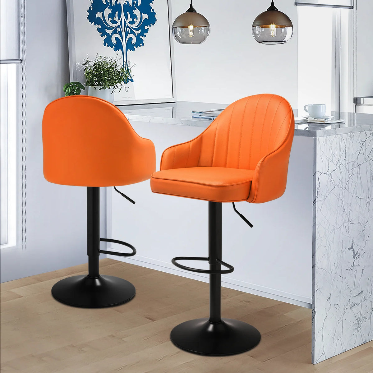 Orange Faux Leather Swivel Bar Stool Set of 2 with Backrest & Armrest D35024
