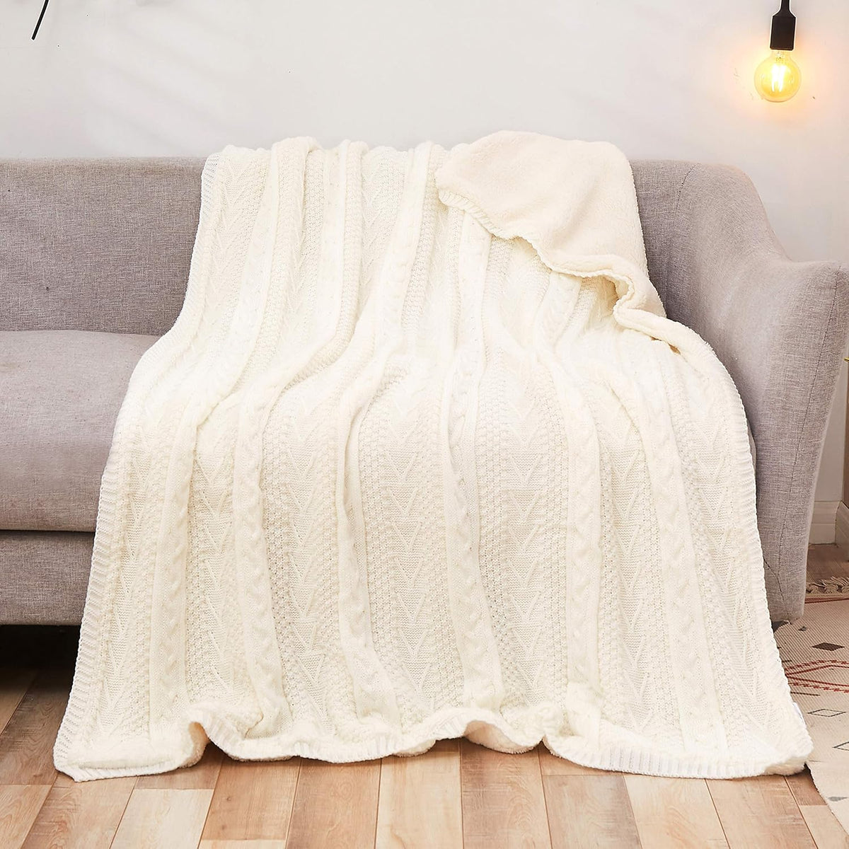 Cable Knit Sherpa Throw Blanket 50x63 Inch E793