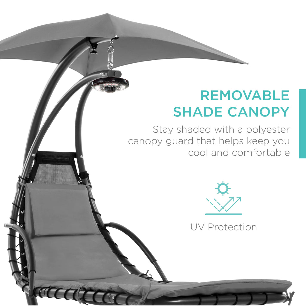 Hanging LED-Lit Curved Chaise Lounge Chair with Pillow, Canopy, Stand - Gray O90326