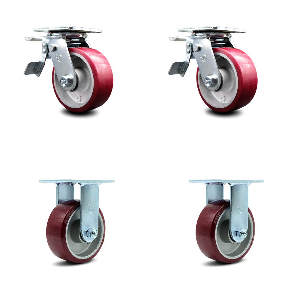 Rigid Top Plate Caster with 6" x 2" Maroon Wheel, 1200 lbs Capacity, Pack of 2 B306