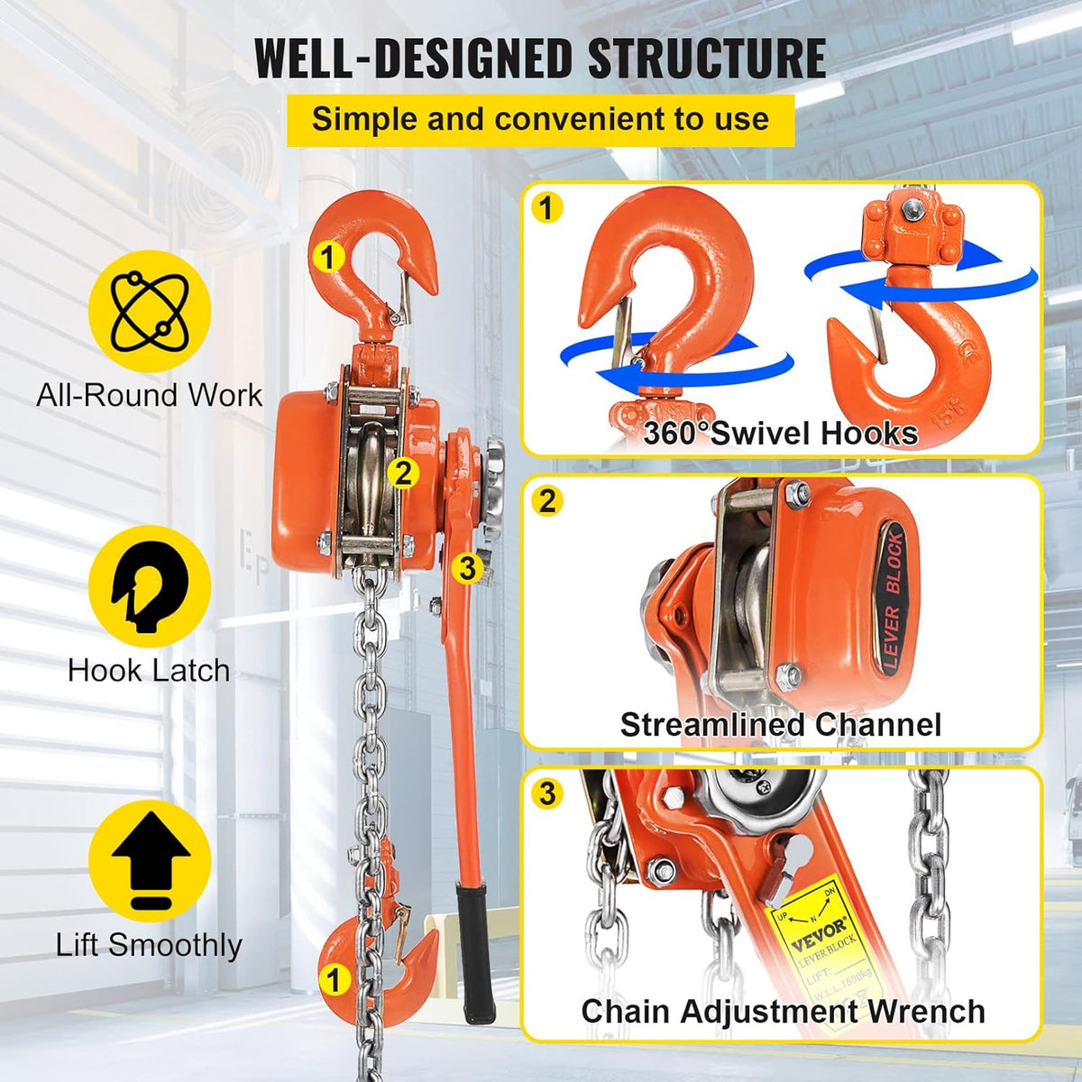 1.5Ton 3300lbs Capacity Ratchet Puller with 10FT Lifting Height, Heavy Duty Steel Hooks A278226