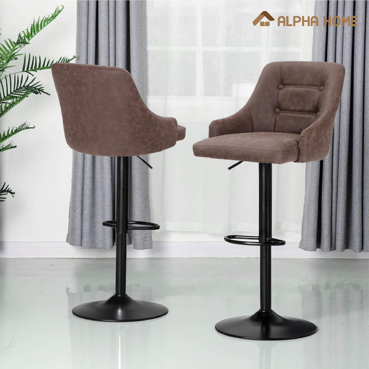 Brown PU Leather Adjustable Swivel Bar Stool with Padded Back Q2474