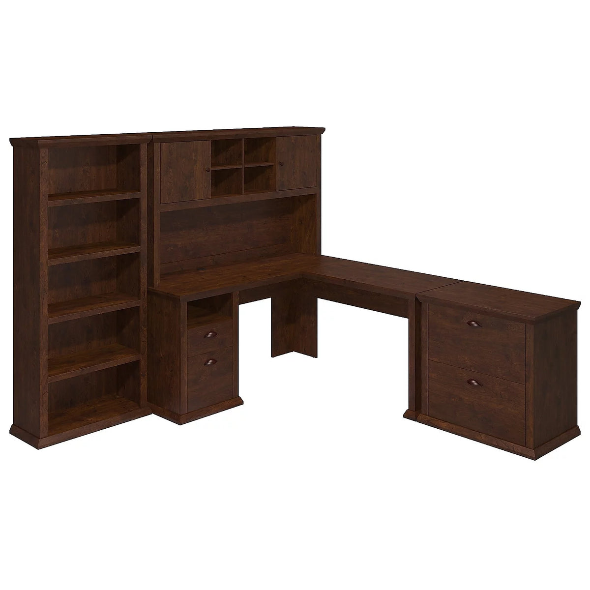 L Desk with Hutch File & Bookcase Antique Cherry Engineered Wood G9135
