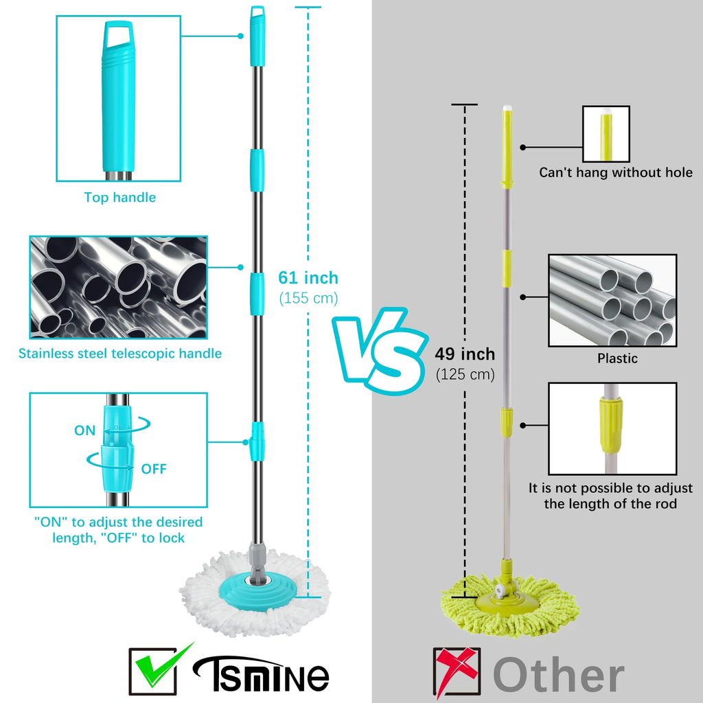 Spin Mop Bucket System Stainless Steel with 6 Microfiber Replacement Head Refills, 61" Extended Handle M1899