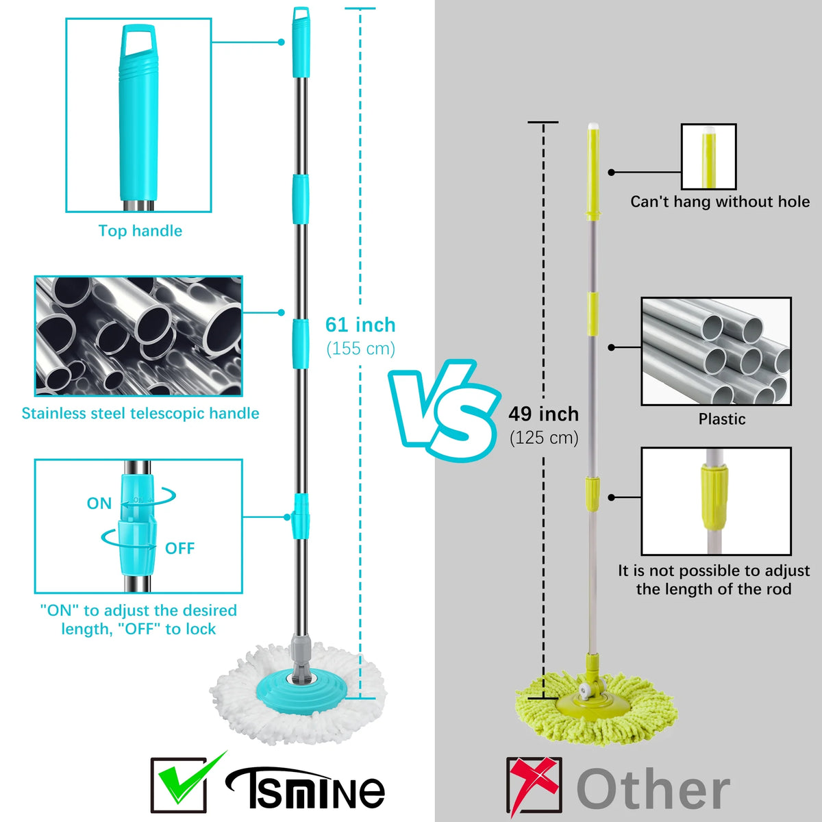 Spin Mop Bucket System Stainless Steel with 6 Microfiber Replacement Head Refills, 61" Extended Handle M1899