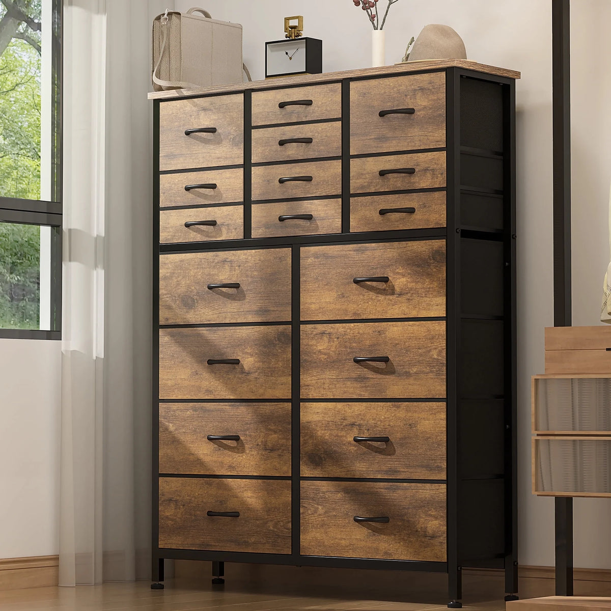 Rustic Brown 18 Drawer Fabric Dresser with Steel Frame H626