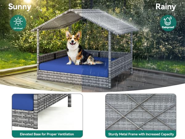 Large Wicker Dog House with Cushion and Canopy S611532