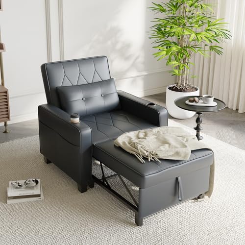 Black Leather Convertible Sofa Chair Bed H714393