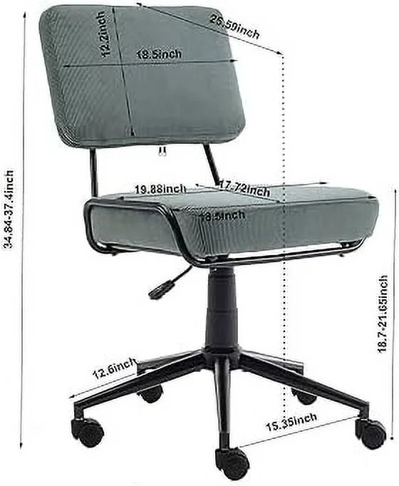 Corduroy Low Desk Chair Adjustable Height Armless Swivel Rolling Chair with Wheels White V910