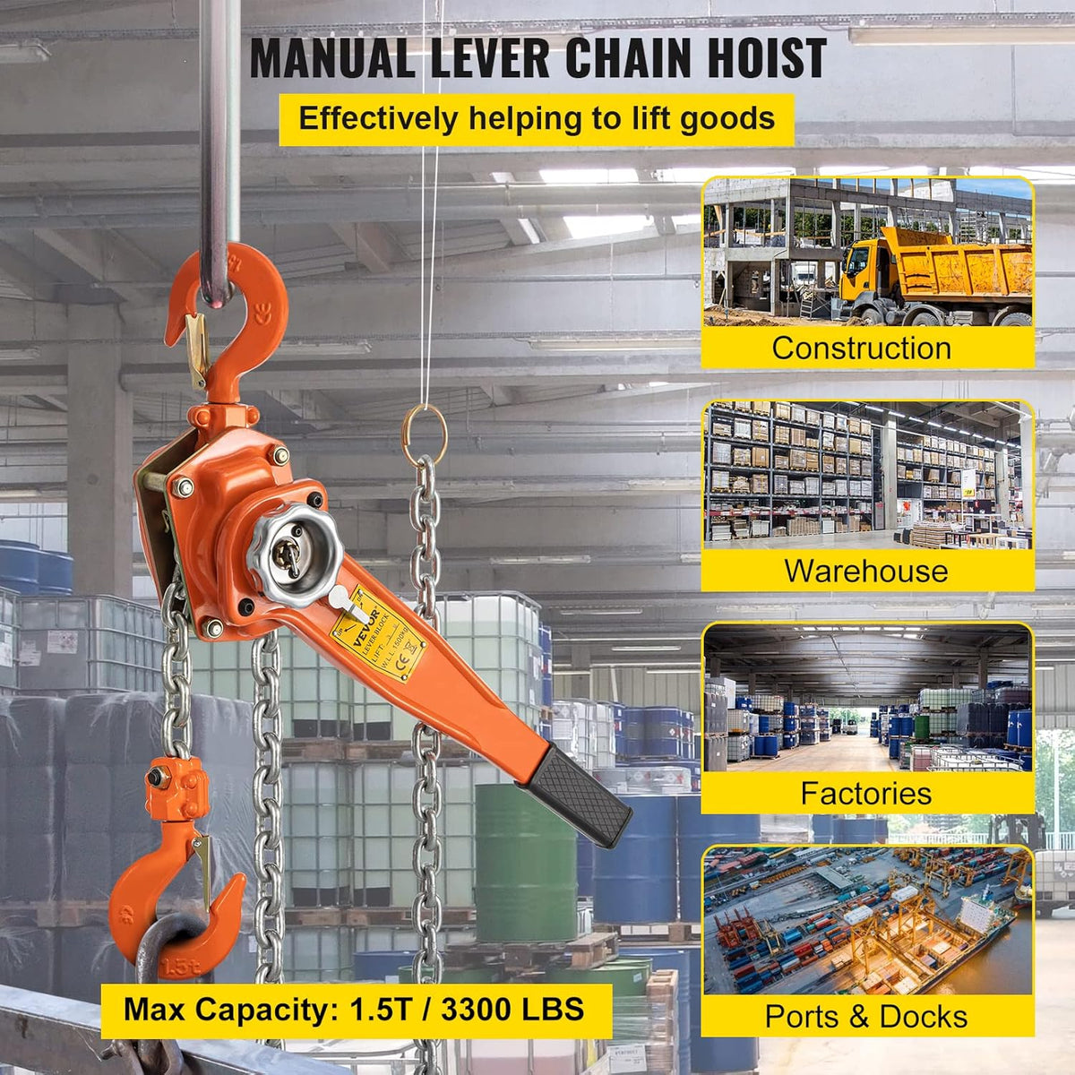 1.5Ton 3300lbs Capacity Ratchet Puller with 10FT Lifting Height, Heavy Duty Steel Hooks A278226