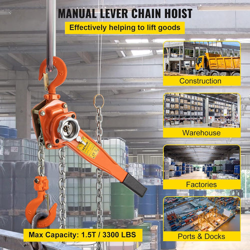 1.5Ton 3300lbs Capacity Ratchet Puller with 10FT Lifting Height, Heavy Duty Steel Hooks A278226